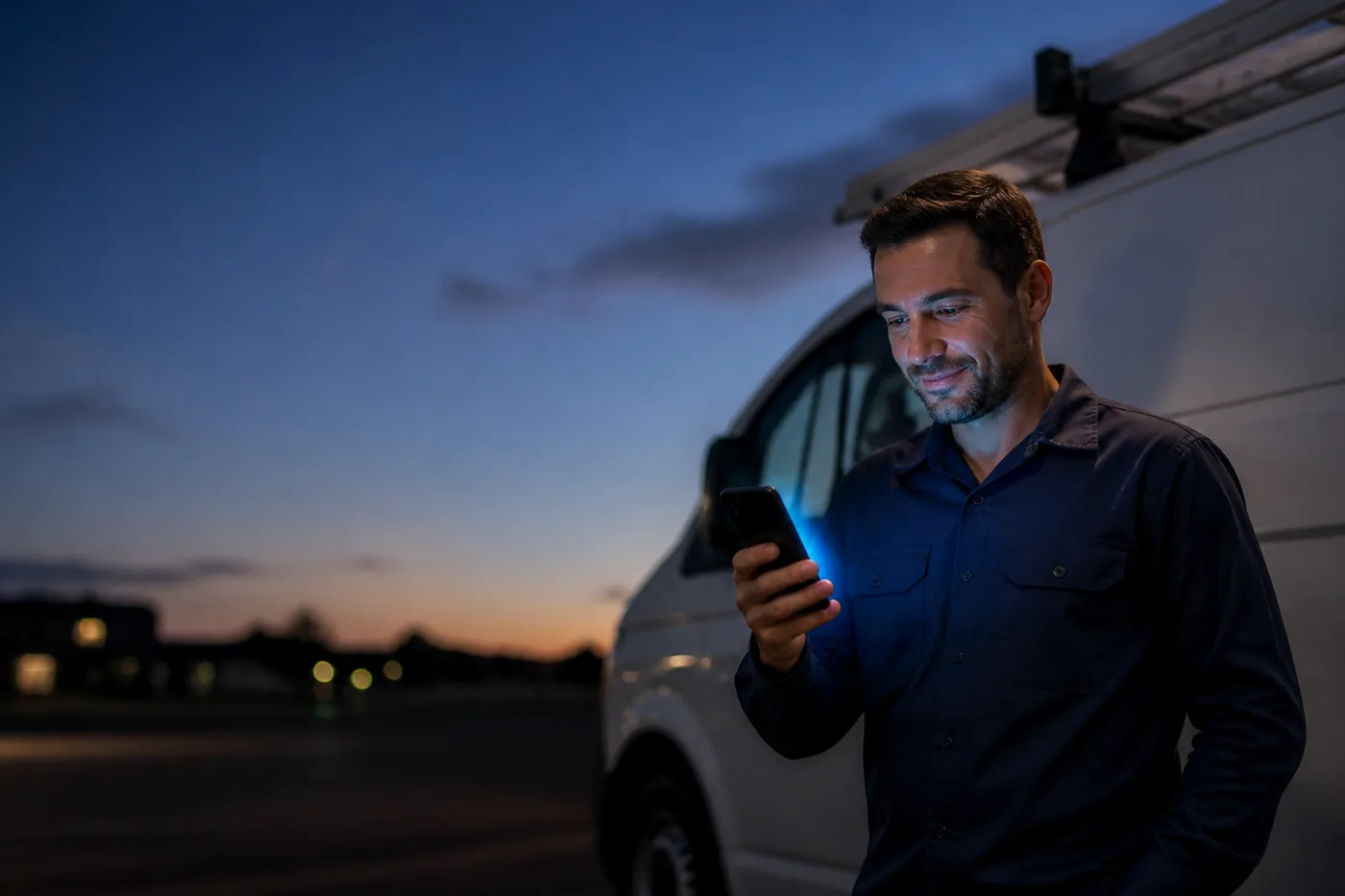 A home-service business owner checking his phone while working in the field