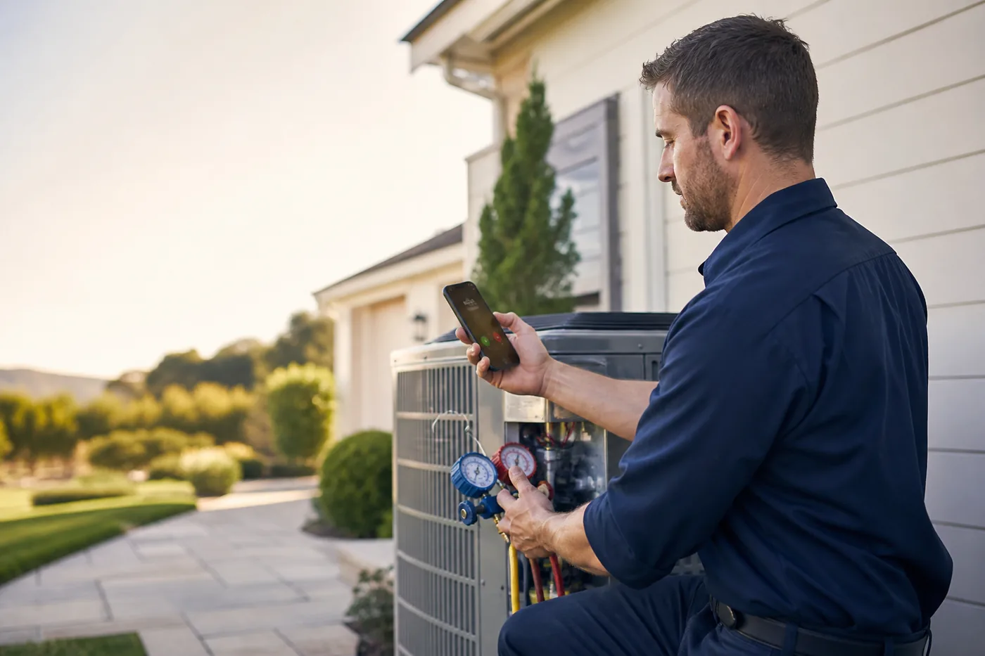 HVAC technician servicing an outdoor air-conditioning unit