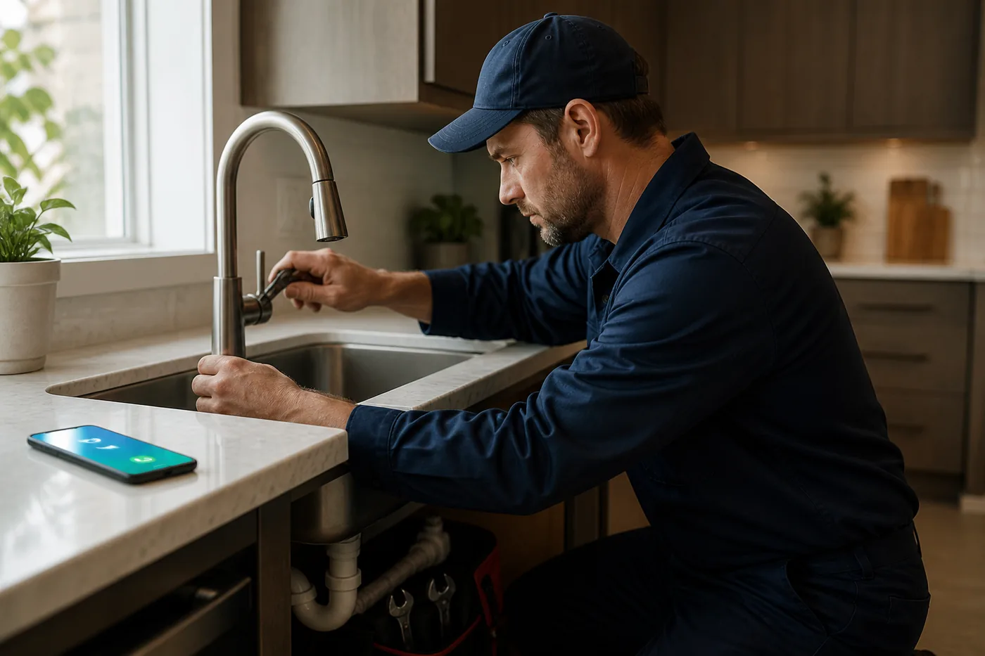 Plumber working on pipework under a sink